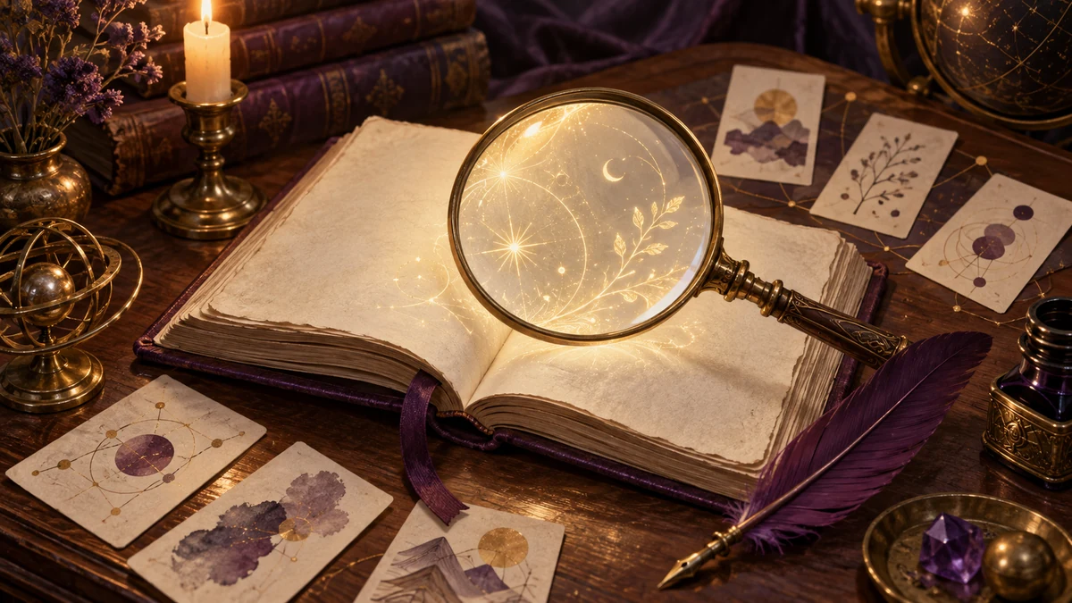 Loupe ancienne révélant des motifs lumineux sur un manuscrit entouré de notes.