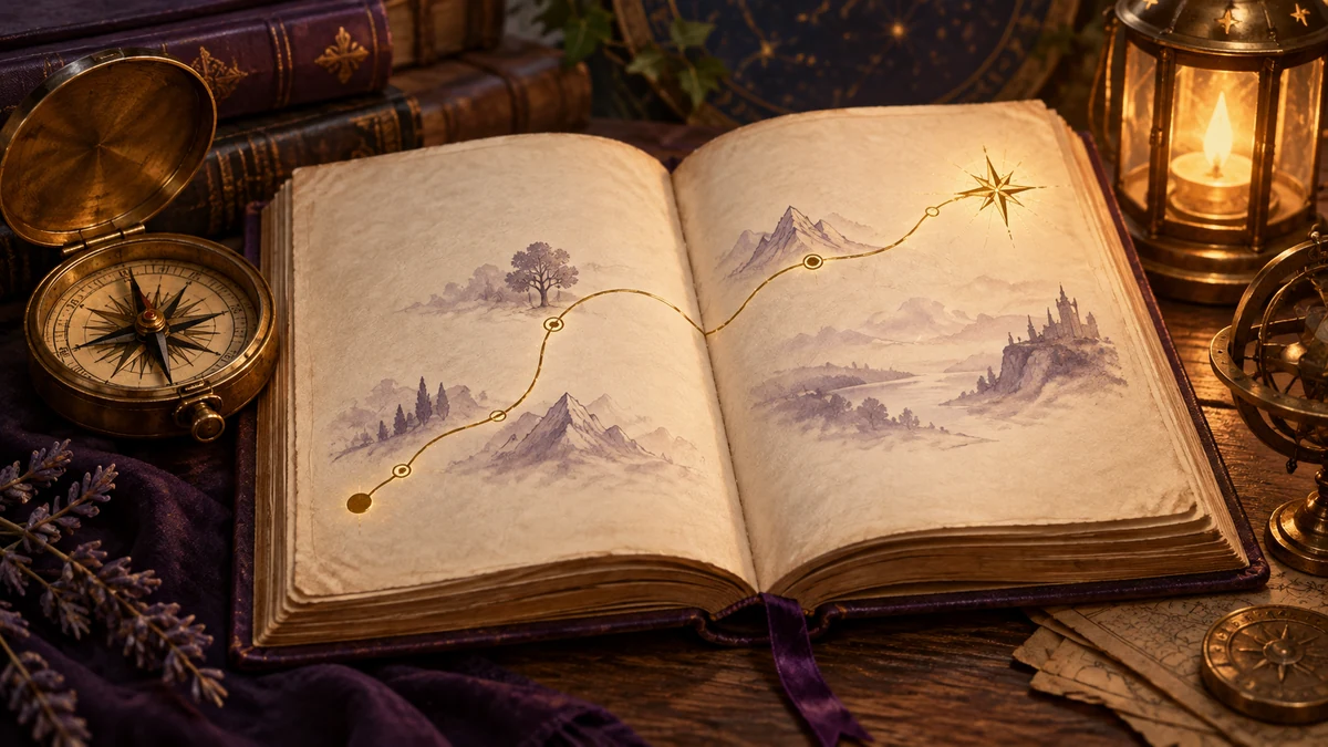 Livre ouvert parcouru par une route dorée, accompagné d’une boussole et d’une lanterne.