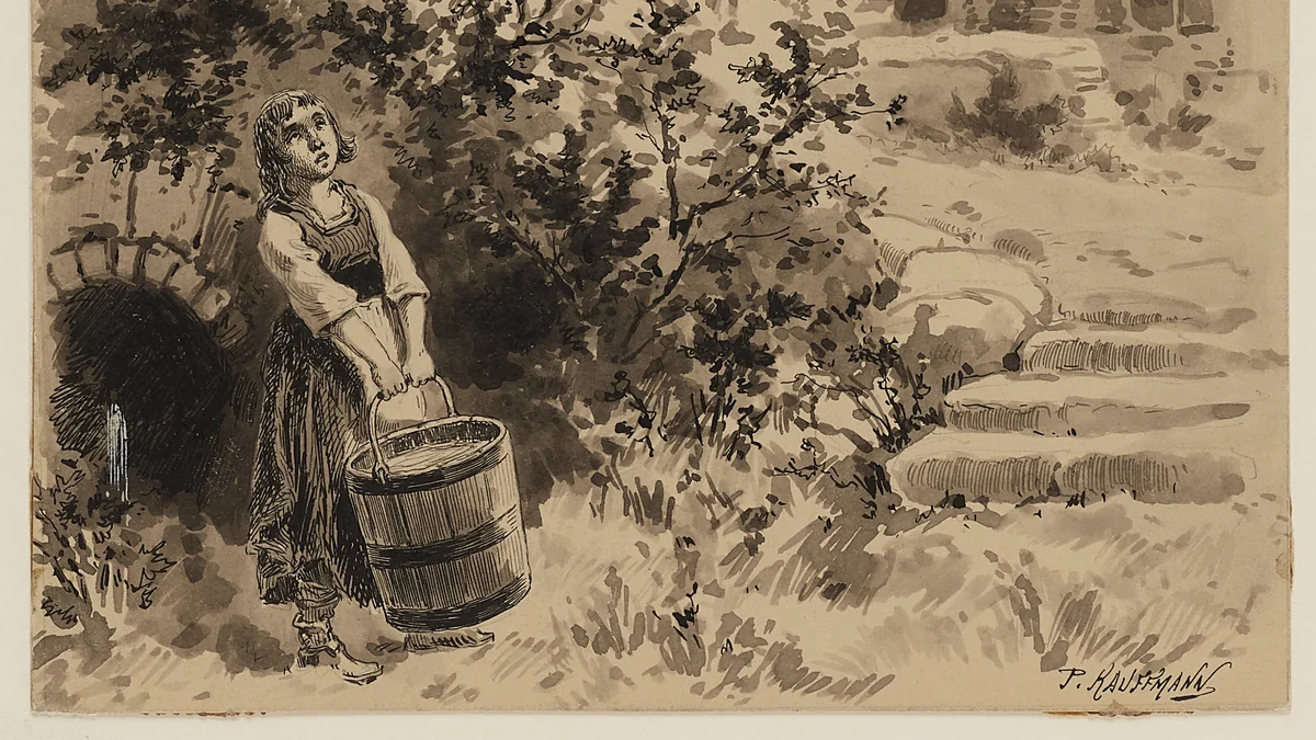 Cosette porte un seau d’eau près de la fontaine, dans un dessin ancien de P. Kauffmann.