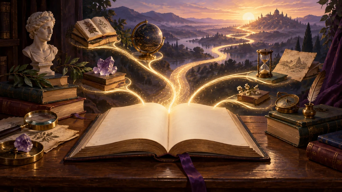 Livre ouvert d’où partent plusieurs chemins lumineux vers un même horizon.