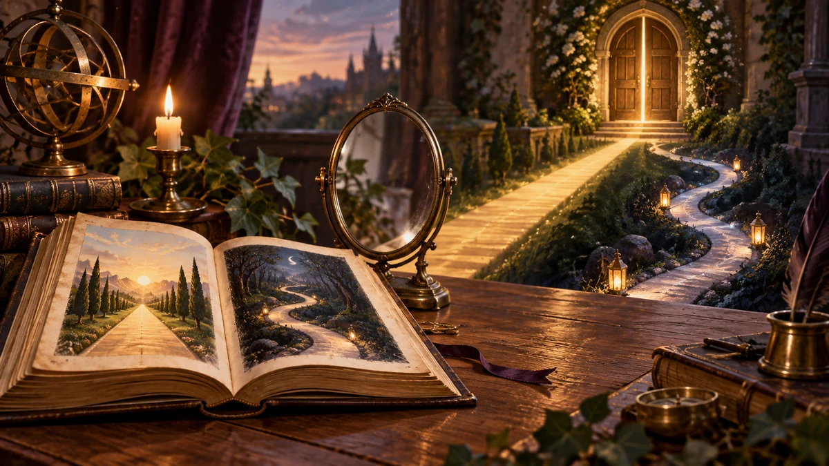 Livre mystérieux, miroir et chemins lumineux convergeant vers une porte entrouverte.