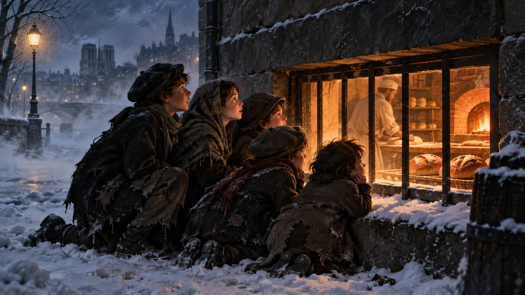 Cinq enfants pauvres dans la neige regardent la lumière chaude d’une boulangerie à travers un soupirail.