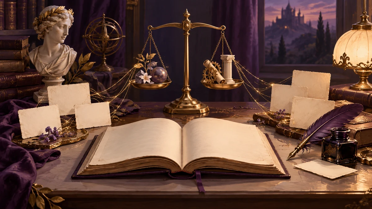 Livre ouvert, balance ancienne et objets reliés par des fils dorés dans un cabinet violet.
