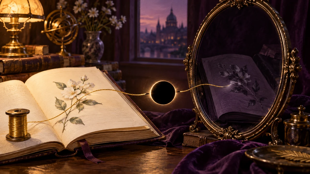 Page ivoire reflétée dans un miroir sombre, reliée à une éclipse noire.