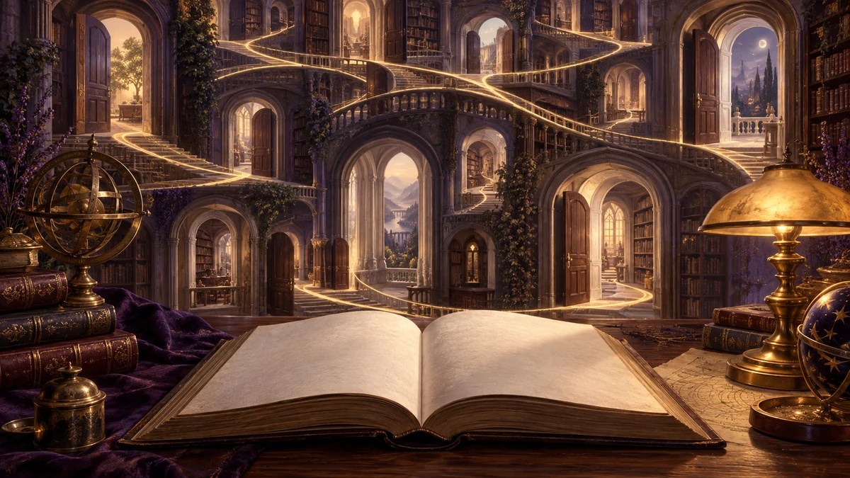Livre ouvert devant une bibliothèque aux escaliers et aux arches entrelacés.