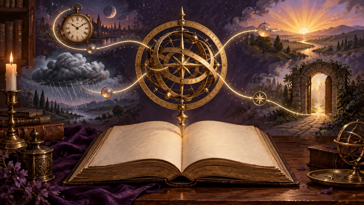 Astrolabe doré reliant un livre à une horloge, un orage, une aube et une porte.