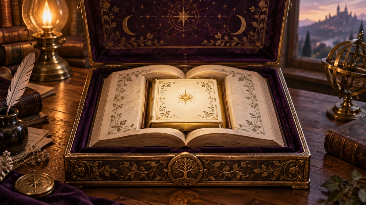 Petit manuscrit lumineux enchâssé dans un livre et un coffret ancien.