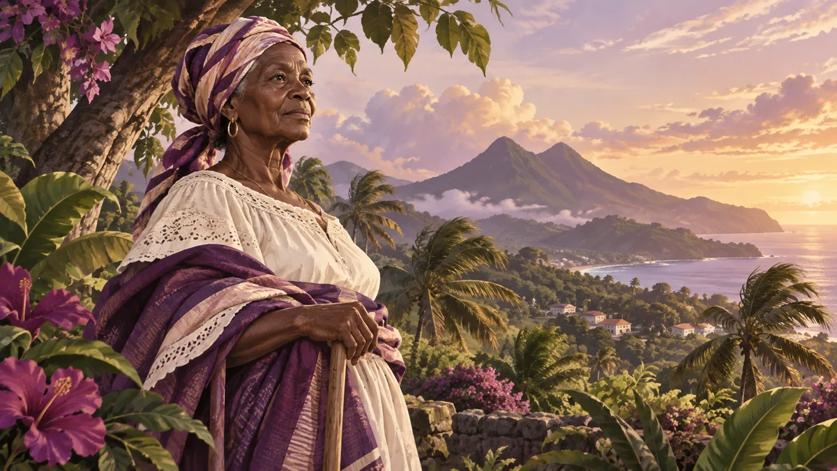 Femme âgée devant un paysage tropical de Guadeloupe, entre montagne, végétation et mer.